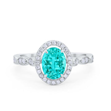 Art Deco Wedding Ring Oval Simulated Paraiba Tourmaline CZ 925 Sterling Silver